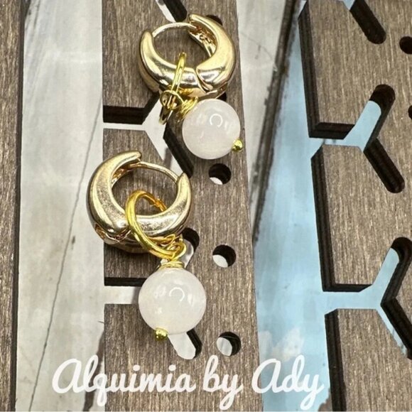 White jade dangle mini hoops  in gold setting - Picture 1 of 6